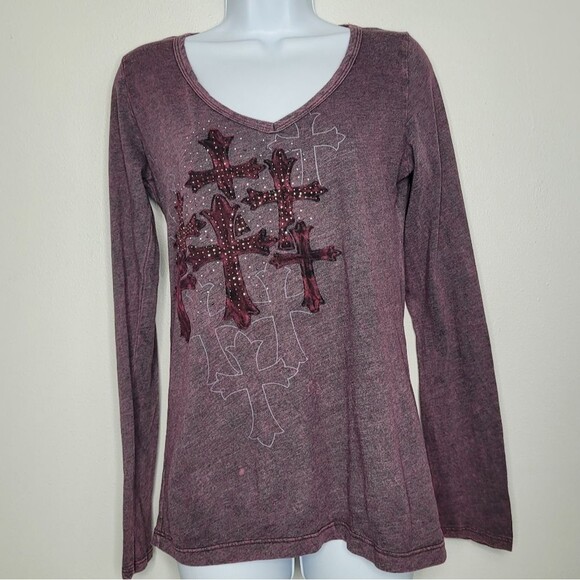 Y2k Daytrip Burgundy bleach fade cross emo mall goth bling long sleeve Size med - Picture 1 of 6